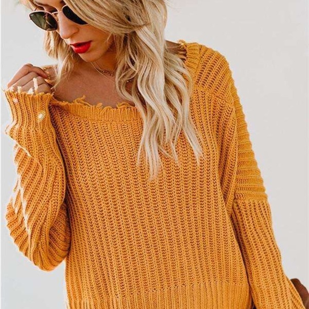Mustard Breckinridge frayed sweater vneck tops